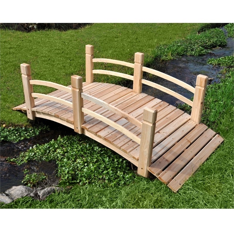 Pemberly Row Cedar Wood Garden Bridge with Handle Rails in Beige