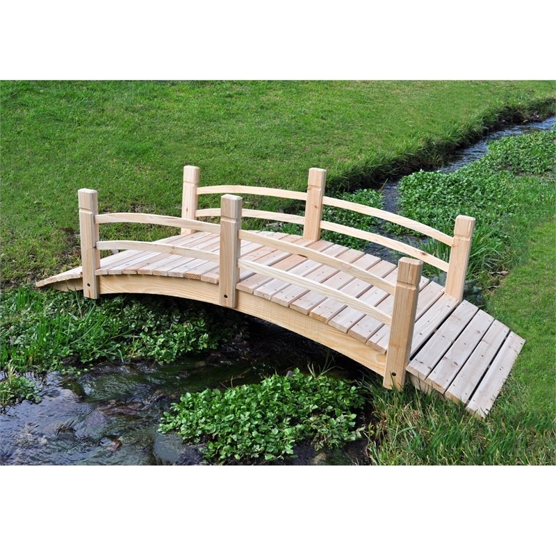 Pemberly Row Cedar Wood Garden Bridge with Handle Rails in Beige