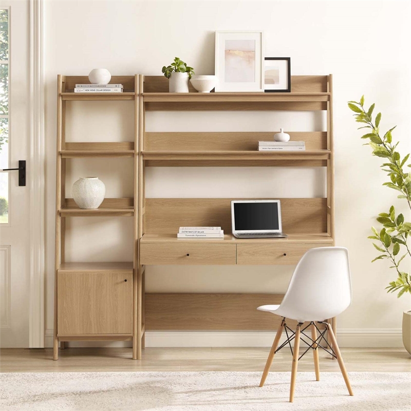 Pemberly Row 2-Piece Modern Style Wood Office Desk and Bookshelf - Oak