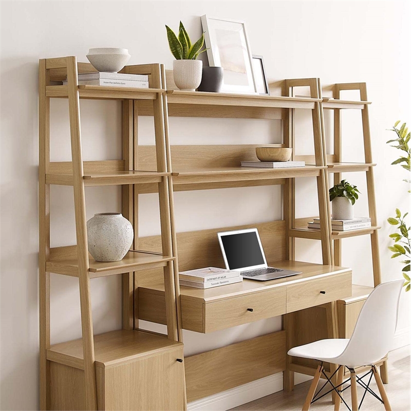 Pemberly Row 3-Piece Modern Style Wood Office Desk and Bookshelf - Oak