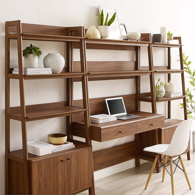 Pemberly Row 3-Piece Wood Office Desk and Bookshelf in Walnut