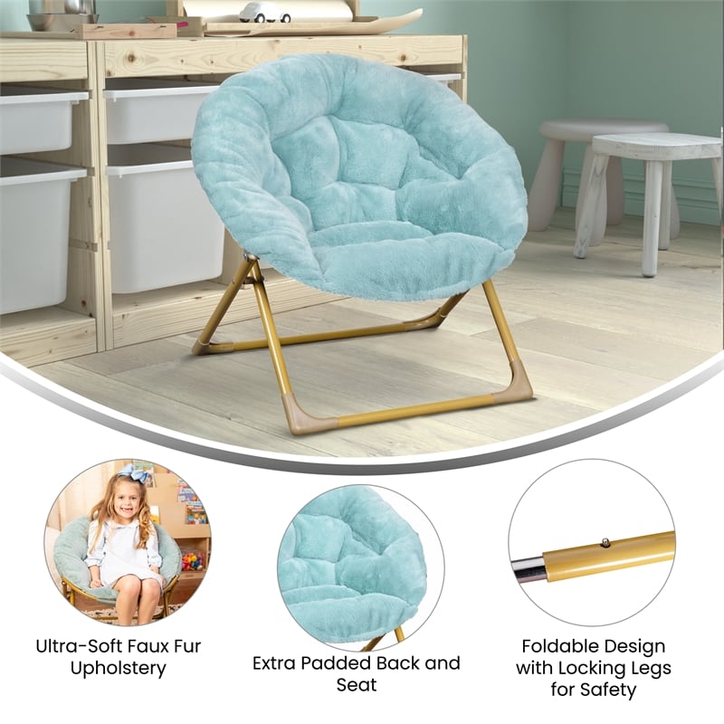 Pemberly Row Contemporary Fabric Kids Folding Saucer Chair in Aqua Blue