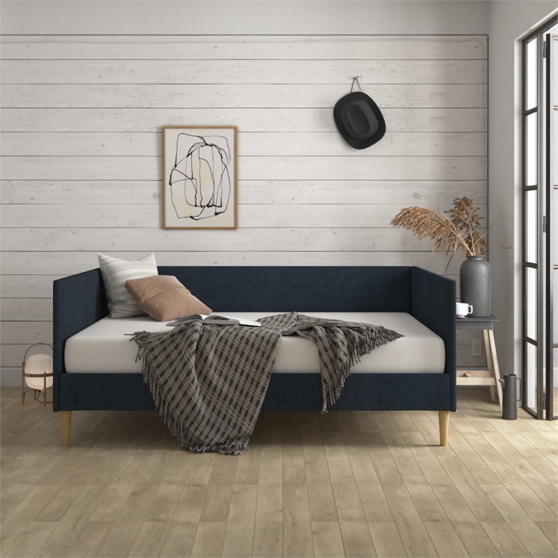 Pemberly Row Mid-Century Full Size Upholstered Daybed in Navy Linen