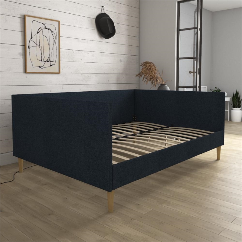 Pemberly Row Mid-Century Full Size Upholstered Daybed in Navy Linen