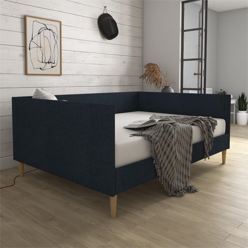 Pemberly Row Mid-Century Full Size Upholstered Daybed in Navy Linen