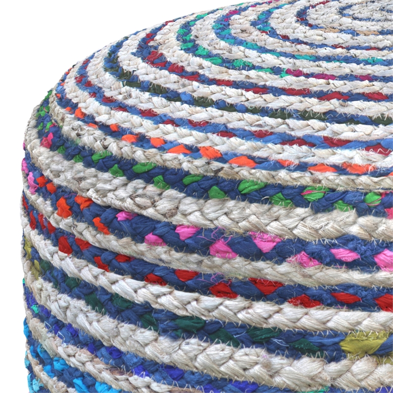 Pemberly Row Contemporary Round Pouf in Blue Finish Braided Jute