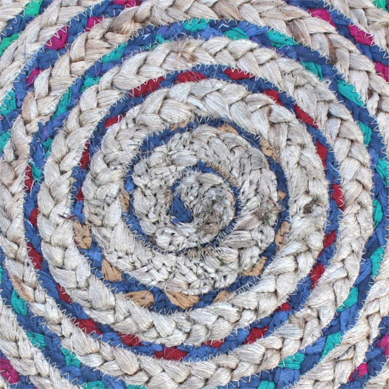 Pemberly Row Contemporary Round Pouf in Blue Finish Braided Jute