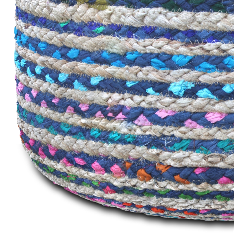 Pemberly Row Contemporary Round Pouf in Blue Finish Braided Jute