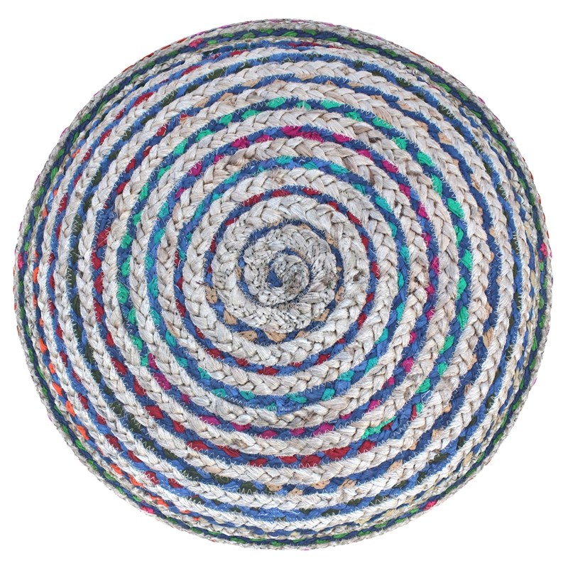 Pemberly Row Contemporary Round Pouf in Blue Finish Braided Jute