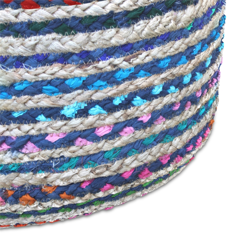 Pemberly Row Contemporary Round Pouf in Blue Finish Braided Jute