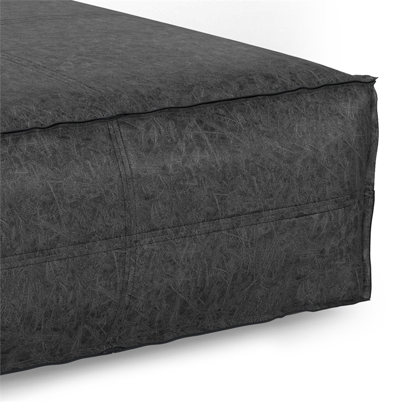 Pemberly Row Square Pouf in Distressed Black Vegan Faux Leather