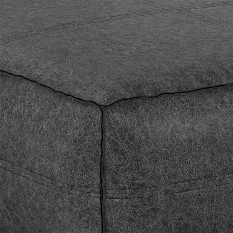 Pemberly Row Square Pouf in Distressed Black Vegan Faux Leather