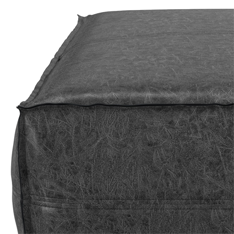 Pemberly Row Square Pouf in Distressed Black Vegan Faux Leather