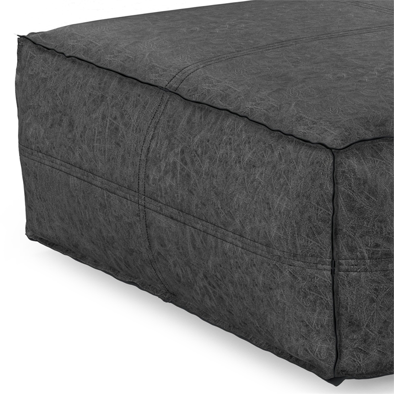 Pemberly Row Square Pouf in Distressed Black Vegan Faux Leather