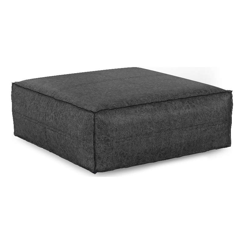 Pemberly Row Square Pouf in Distressed Black Vegan Faux Leather