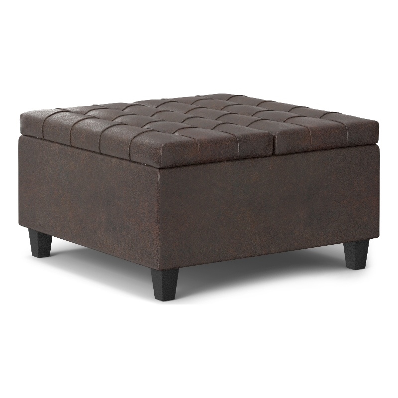 Pemberly Row Square Vegan Faux Leather Storage Ottoman in Brown