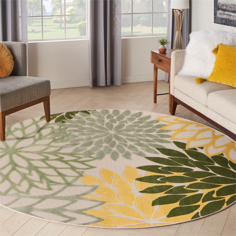 Pemberly Row 5' Round Green Multicolor Fabric Tropical Area Rug