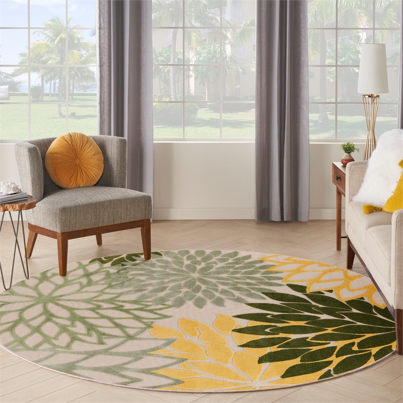 Pemberly Row 5' Round Green Multicolor Fabric Tropical Area Rug