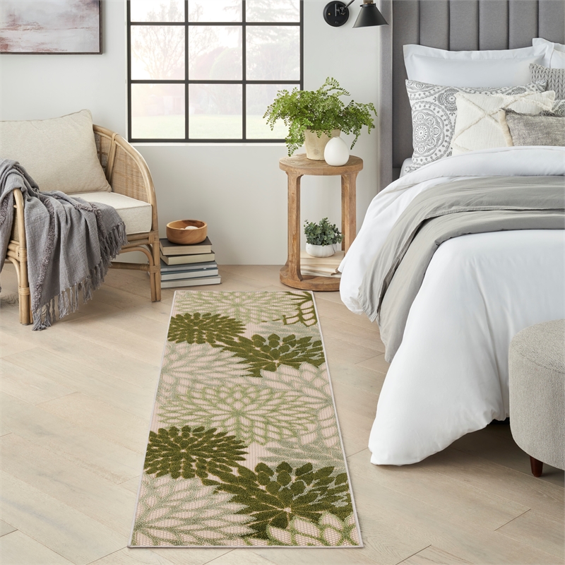 Pemberly Row Contemporary 6' Runner Ivory Green Fabric Tropical Area Rug