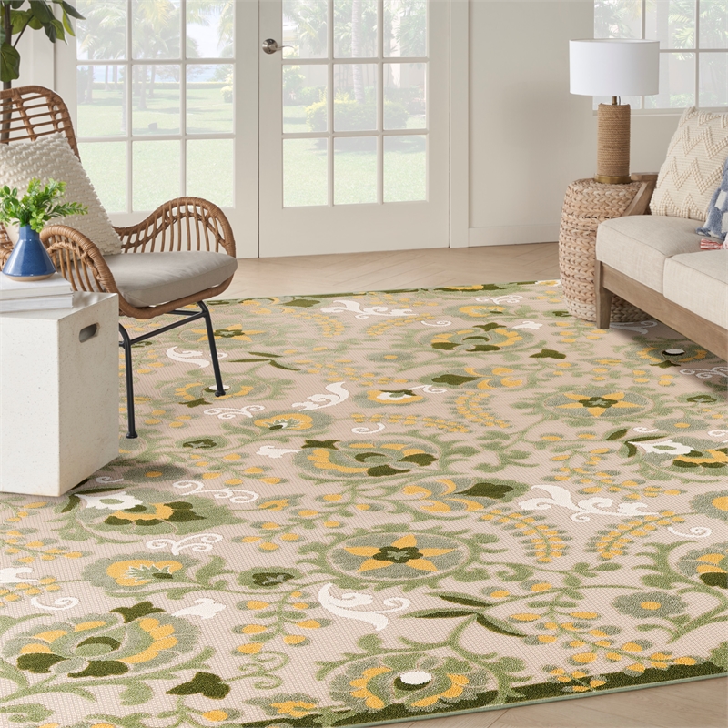 Pemberly Row Contemporary 9' x 12' Ivory Green Fabric Outdoor Area Rug