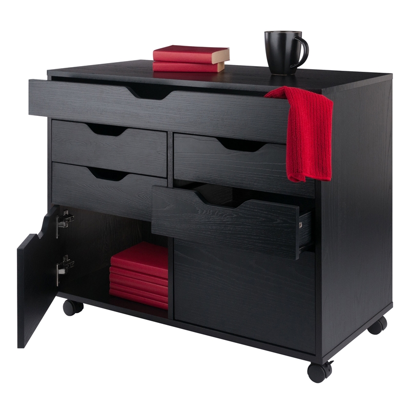 Pemberly Row 5-Drawer Engineered Wood Mobile Storage Cabinet in Black