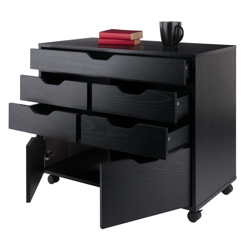 Pemberly Row 5-Drawer Engineered Wood Mobile Storage Cabinet in Black