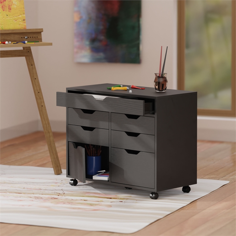 Pemberly Row 5-Drawer Engineered Wood Mobile Storage Cabinet in Black