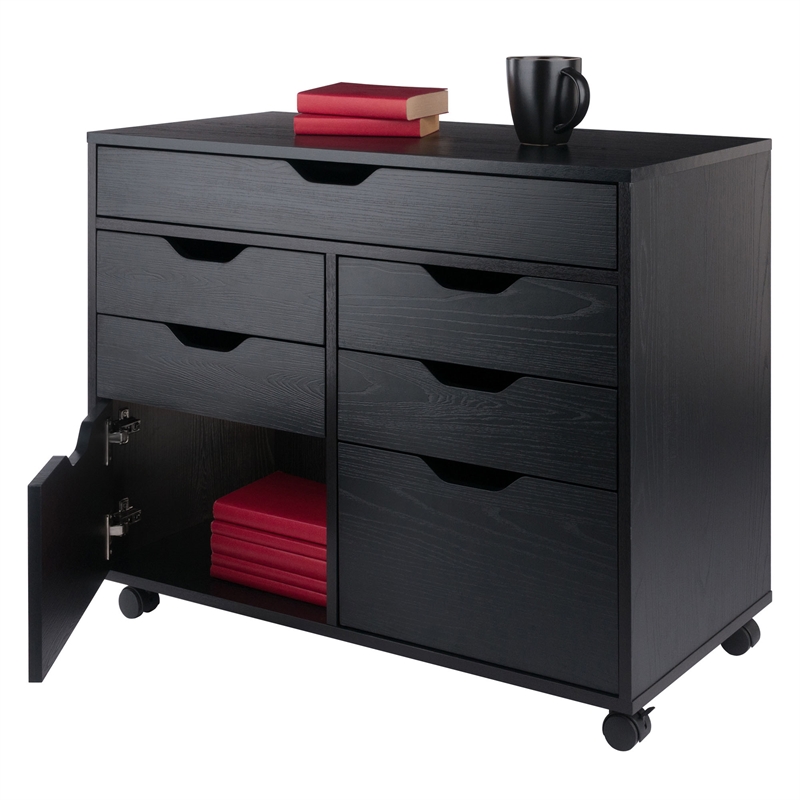 Pemberly Row 5-Drawer Engineered Wood Mobile Storage Cabinet in Black