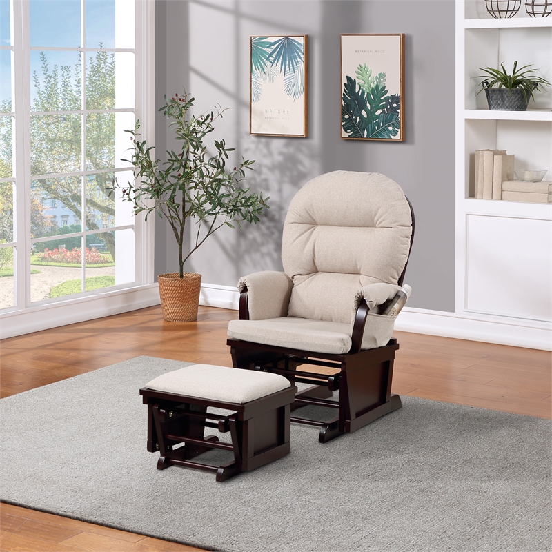 Pemberly Row Glider and Ottoman Espresso Wood and Latte Fabric