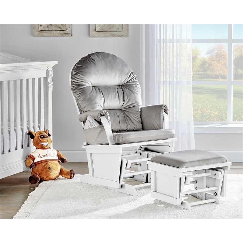 Pemberly Row Contemporary Glider and Ottoman White Wood and Gray Fabric