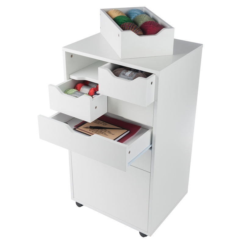 Pemberly Row Bins and Drawers Multi Storage Tall Mobile Cabinet in White