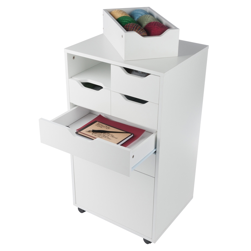 Pemberly Row Bins and Drawers Multi Storage Tall Mobile Cabinet in White