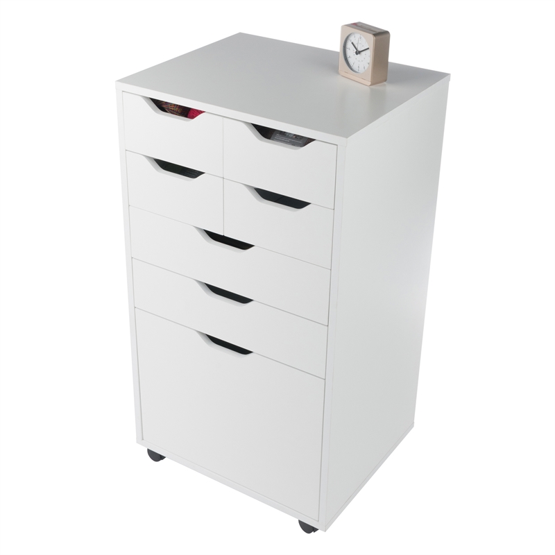 Pemberly Row Bins and Drawers Multi Storage Tall Mobile Cabinet in White
