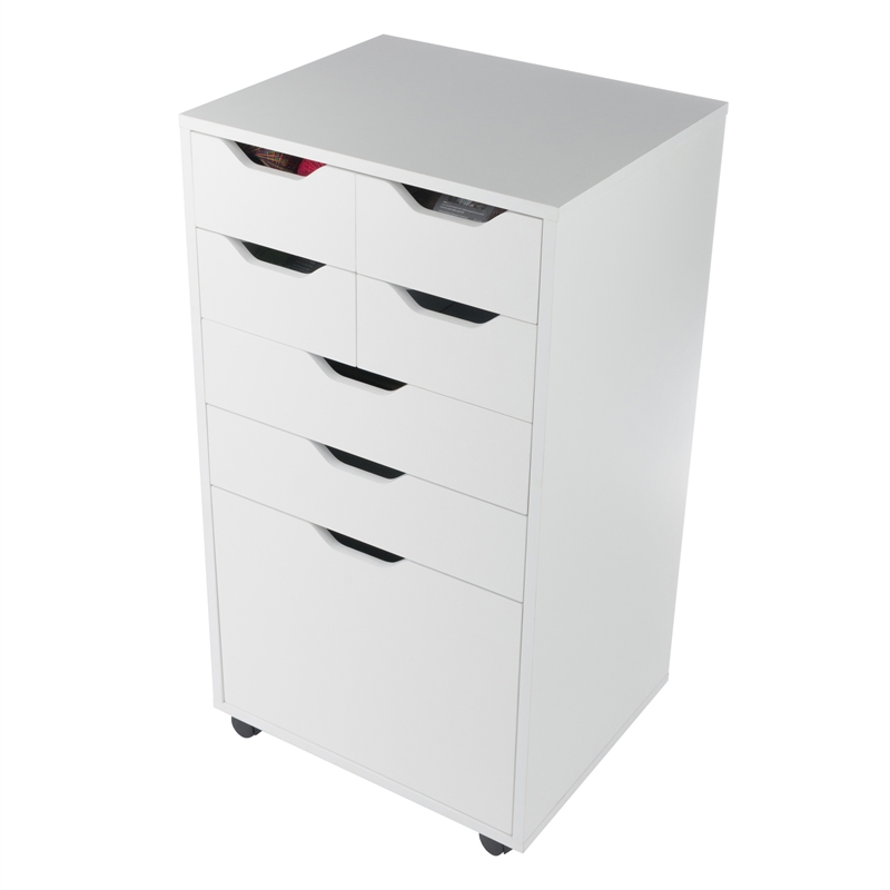 Pemberly Row Bins and Drawers Multi Storage Tall Mobile Cabinet in White
