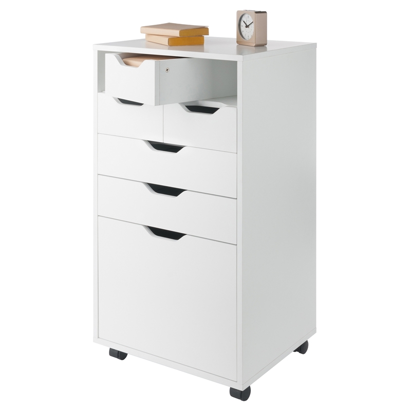 Pemberly Row Bins and Drawers Multi Storage Tall Mobile Cabinet in White