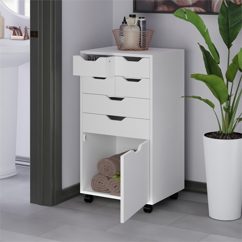 Pemberly Row Bins and Drawers Multi Storage Tall Mobile Cabinet in White