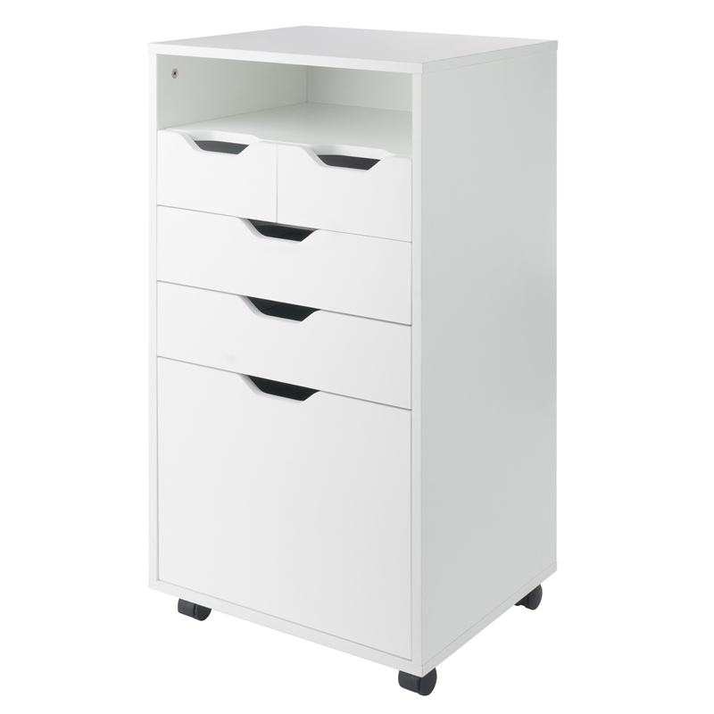 Pemberly Row Bins and Drawers Multi Storage Tall Mobile Cabinet in White