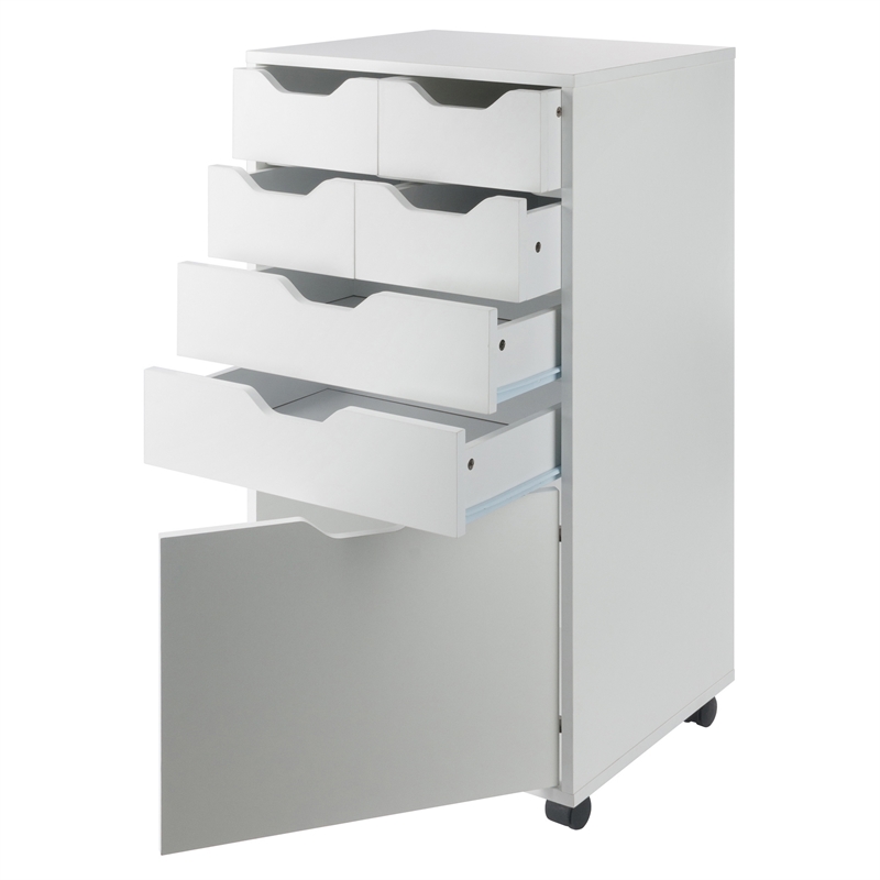 Pemberly Row Bins and Drawers Multi Storage Tall Mobile Cabinet in White