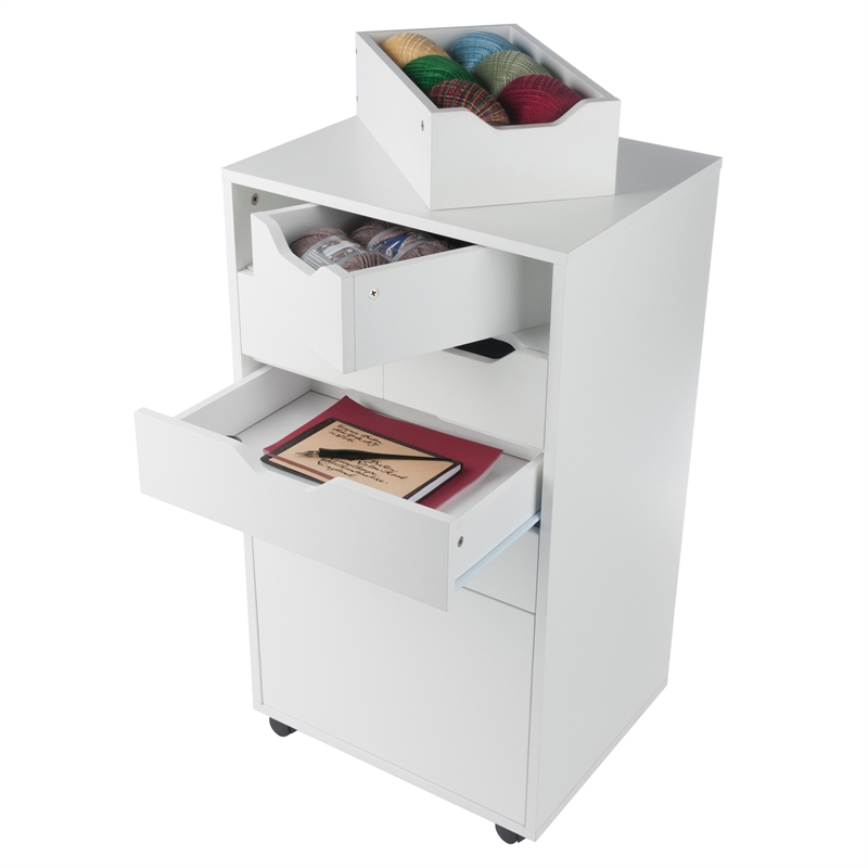 Pemberly Row Bins and Drawers Multi Storage Tall Mobile Cabinet in White