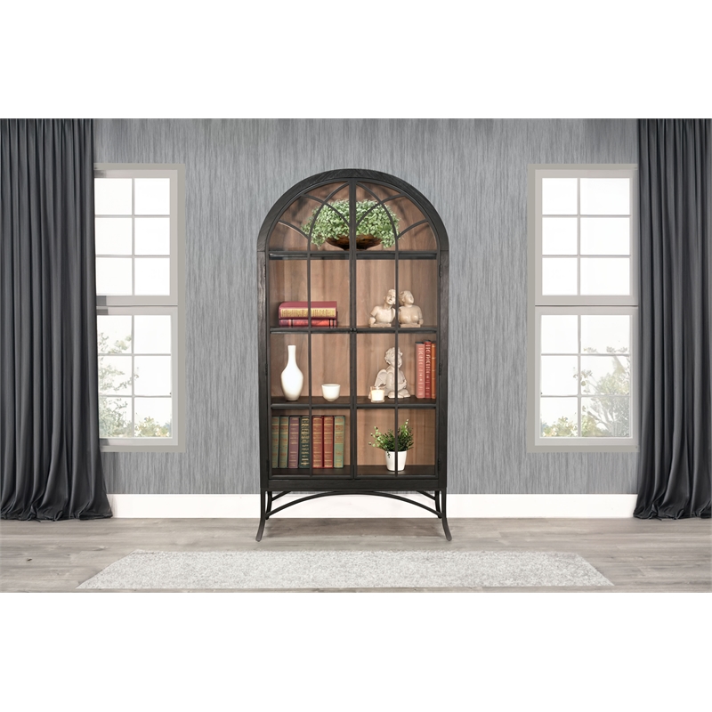 Pemberly Row Contemporary Glass Display Solid Wood Cabinet in Black