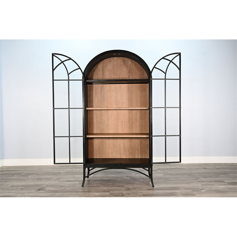 Pemberly Row Contemporary Glass Display Solid Wood Cabinet in Black