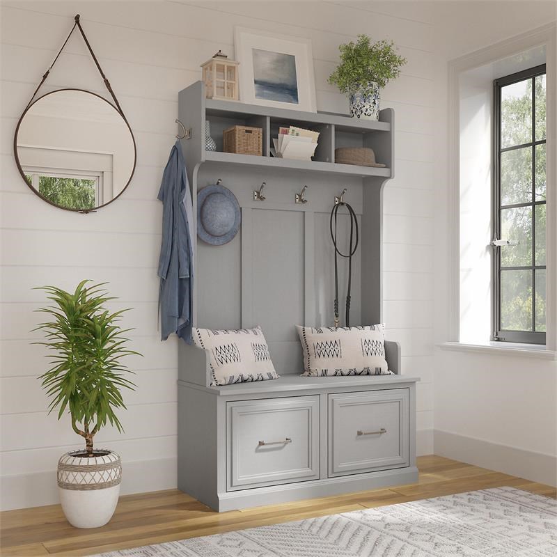 Pemberly Row 40W Hall Tree & Shoe Bench with Doors in Gray - Engineered Wood