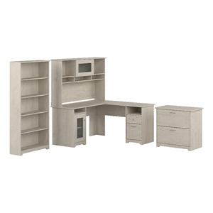 Pemberly Row L-Shaped Desk with Hutch and Storage in Linen White Oak