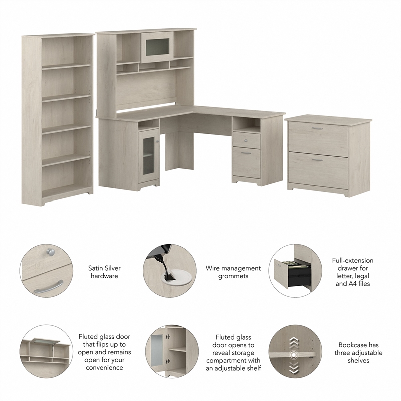 Pemberly Row L-Shaped Desk with Hutch and Storage in Linen White Oak