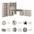 Pemberly Row L-Shaped Desk with Hutch and Storage in Linen White Oak