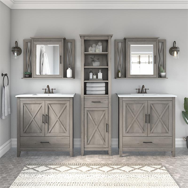 Pemberly Row Engineered Wood Vanity Set with Linen Tower in Driftwood Gray