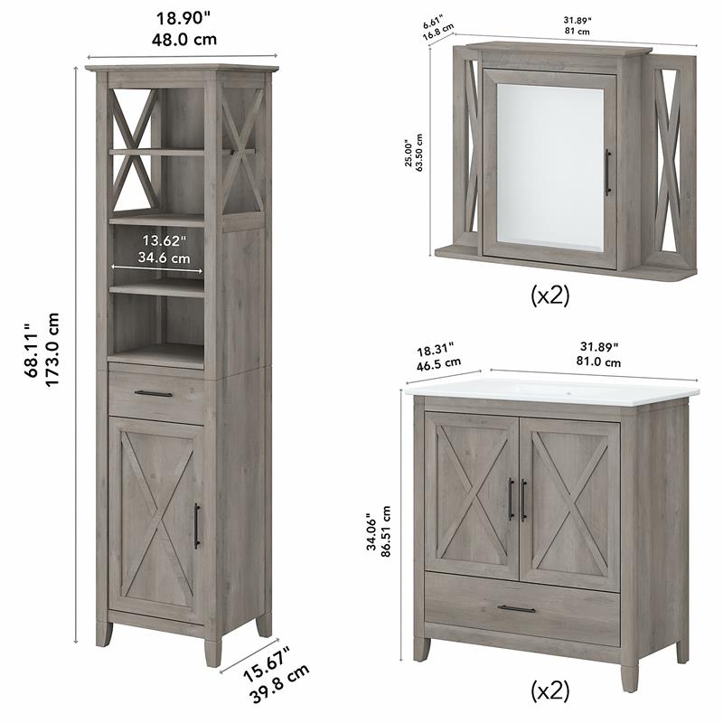 Pemberly Row Engineered Wood Vanity Set with Linen Tower in Driftwood Gray