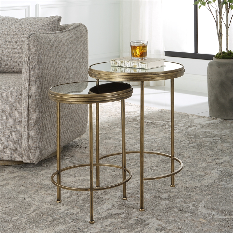Pemberly Row Coastal Metal Nesting Tables in Antique Brushed Gold (Set of 2)