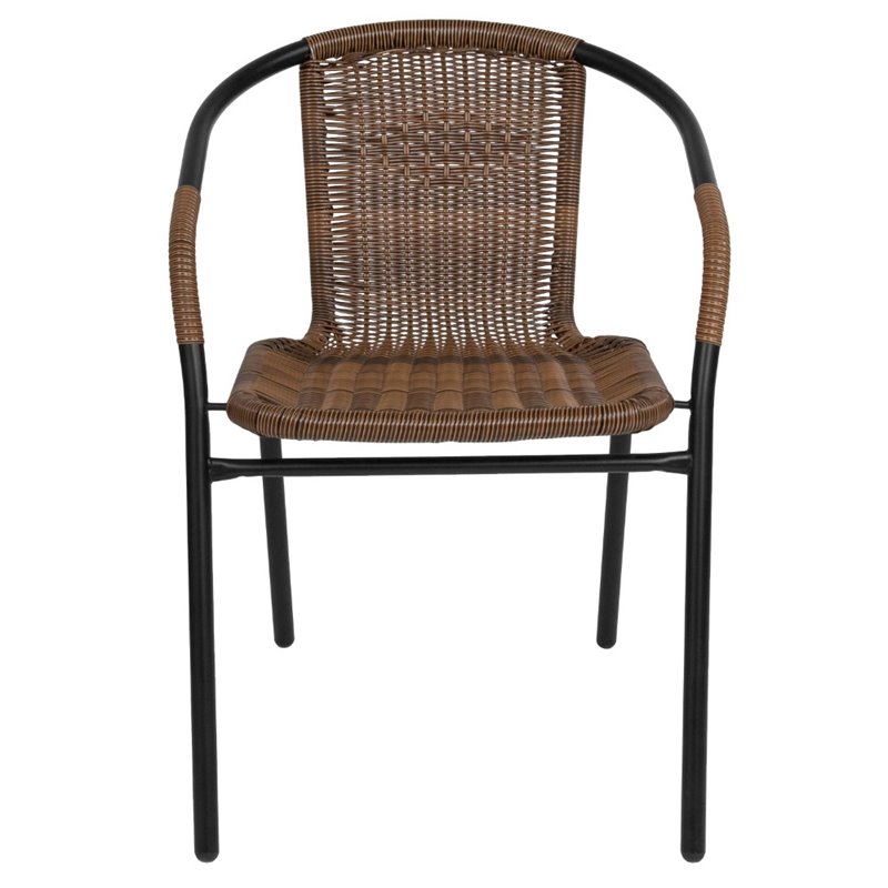 Pemberly Row Stackable Rattan Curved Back Dining Chair in Brown (Set of 2)