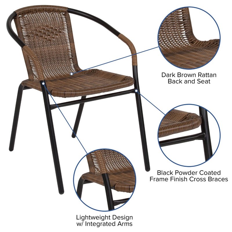 Pemberly Row Stackable Rattan Curved Back Dining Chair in Brown (Set of 2)